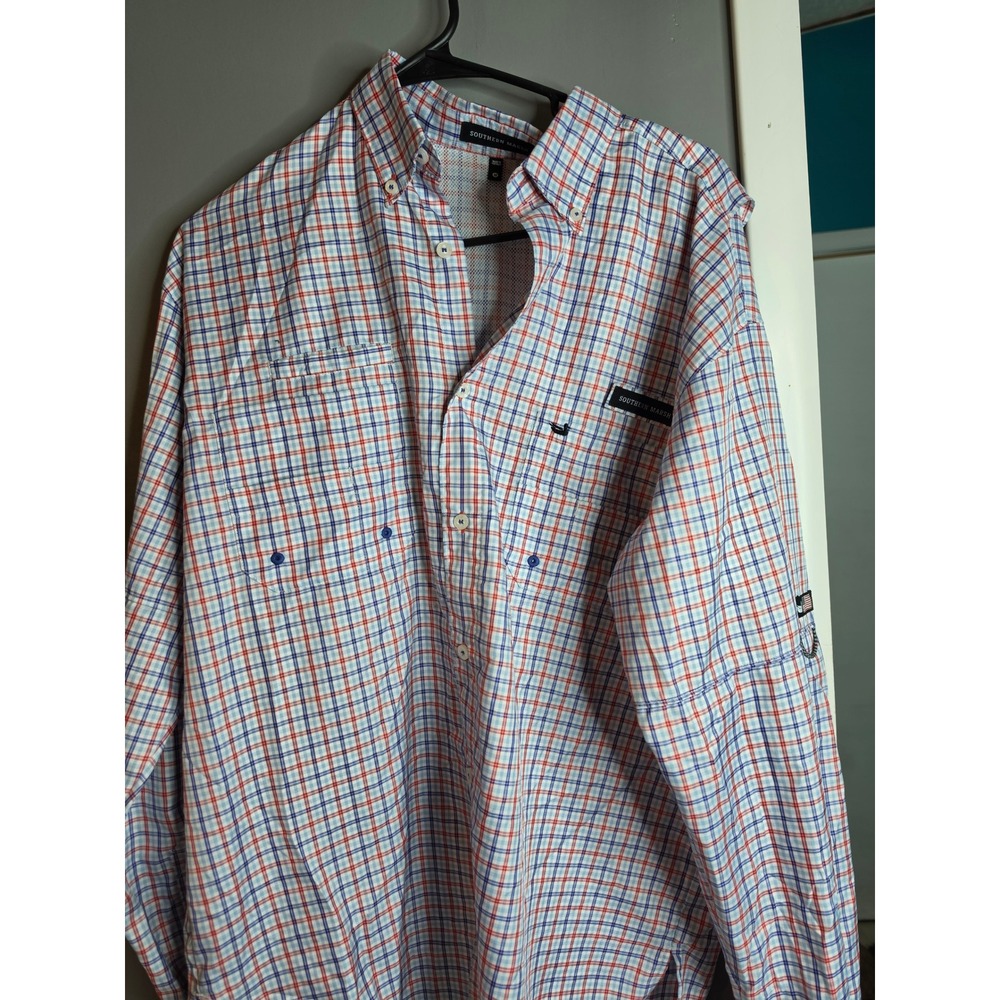 Southern Marsh Mens Gulf Stream Plaid Fishing Shirt Red White Blue Medium